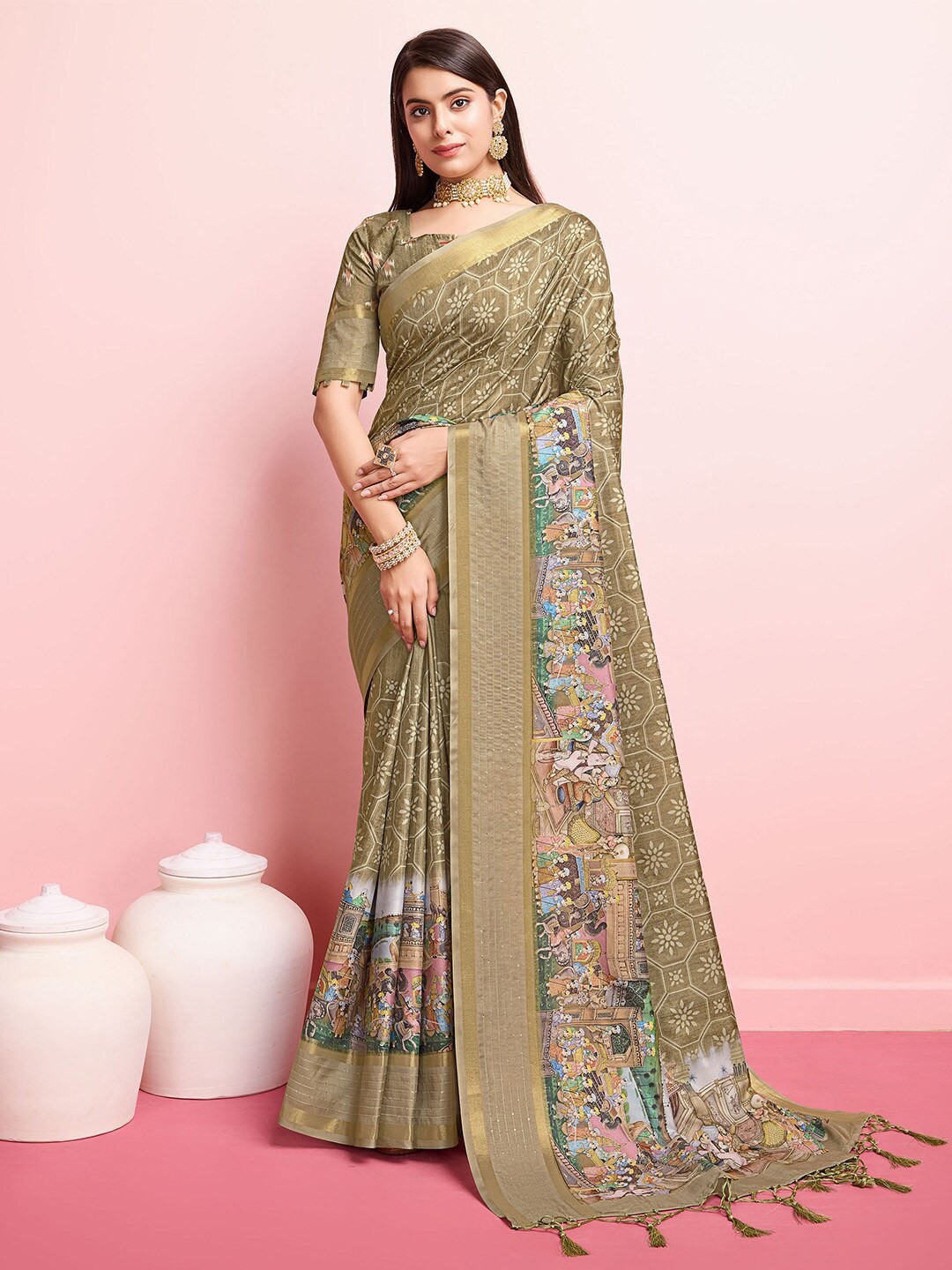 

Ishin Ethnic Motifs Zari Saree, Green