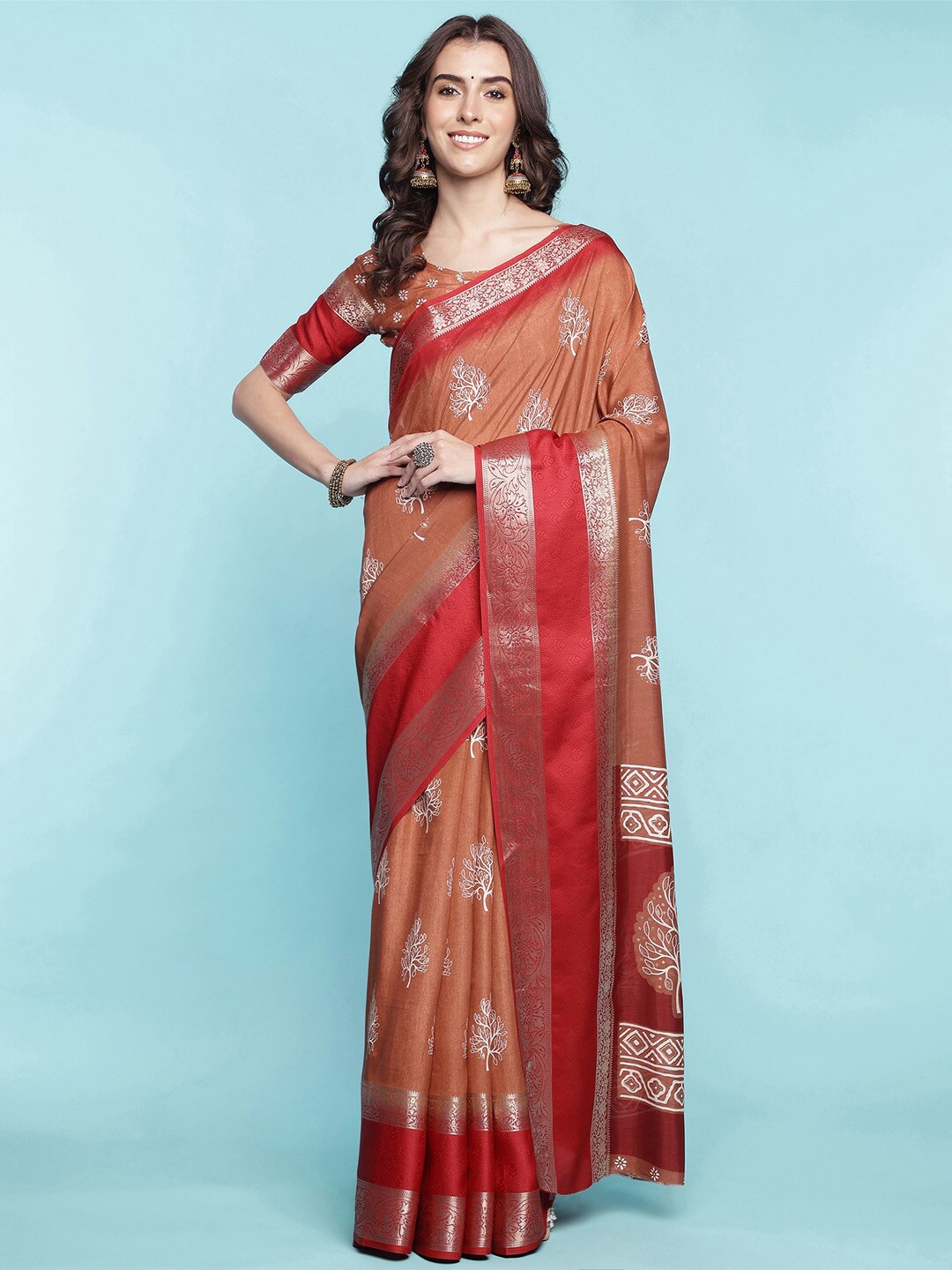 

Ishin Floral Zari Silk Blend Saree, Orange