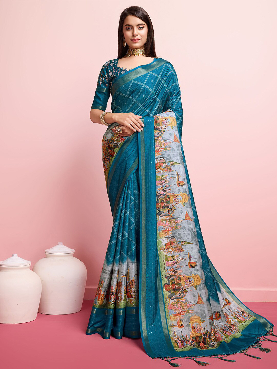 

Ishin Floral Silk Blend Saree, Teal