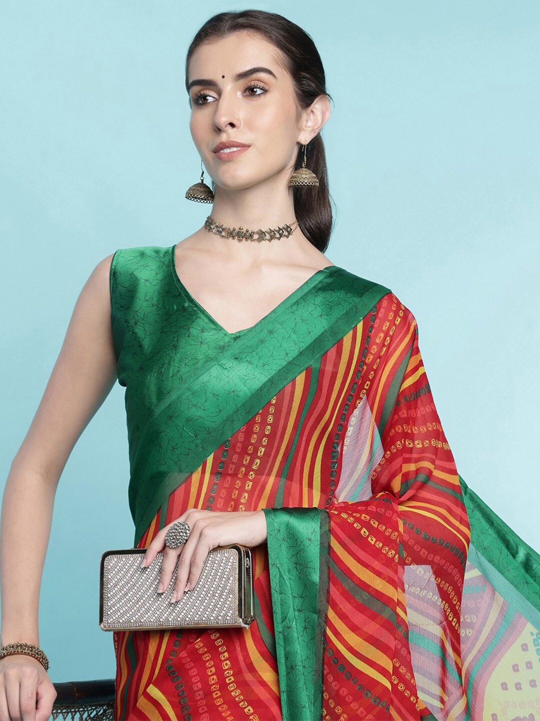 

Ishin Bandhani Poly Chiffon Saree, Red