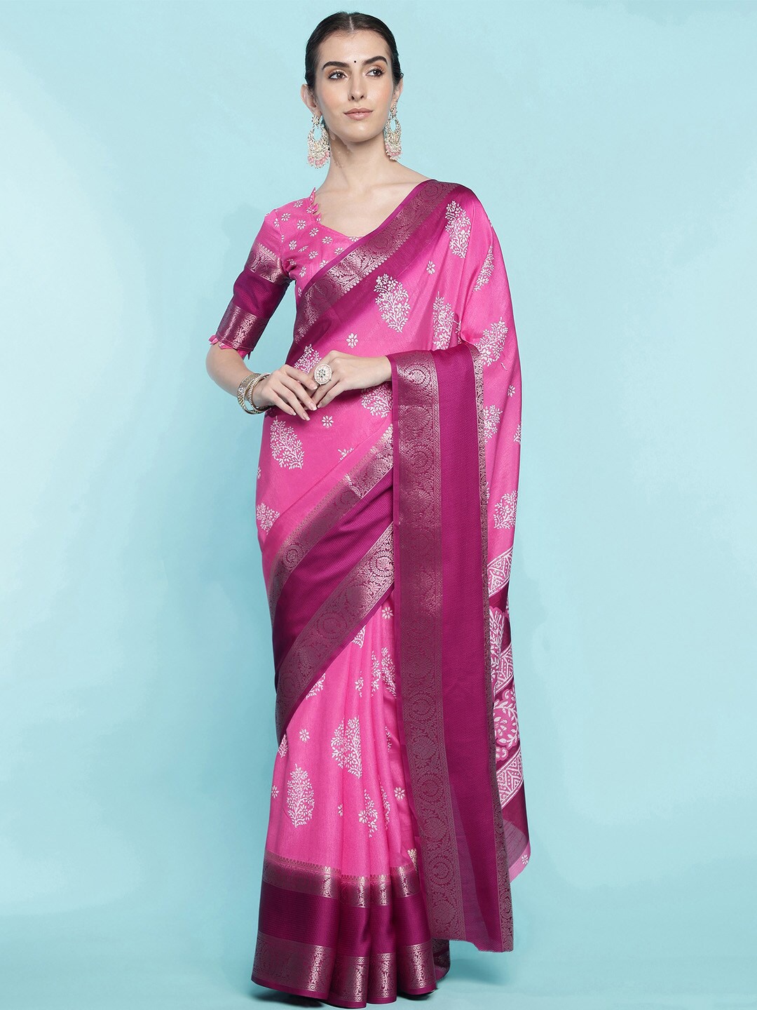 

Ishin Ethnic Motifs Zari Silk Blend Saree, Pink