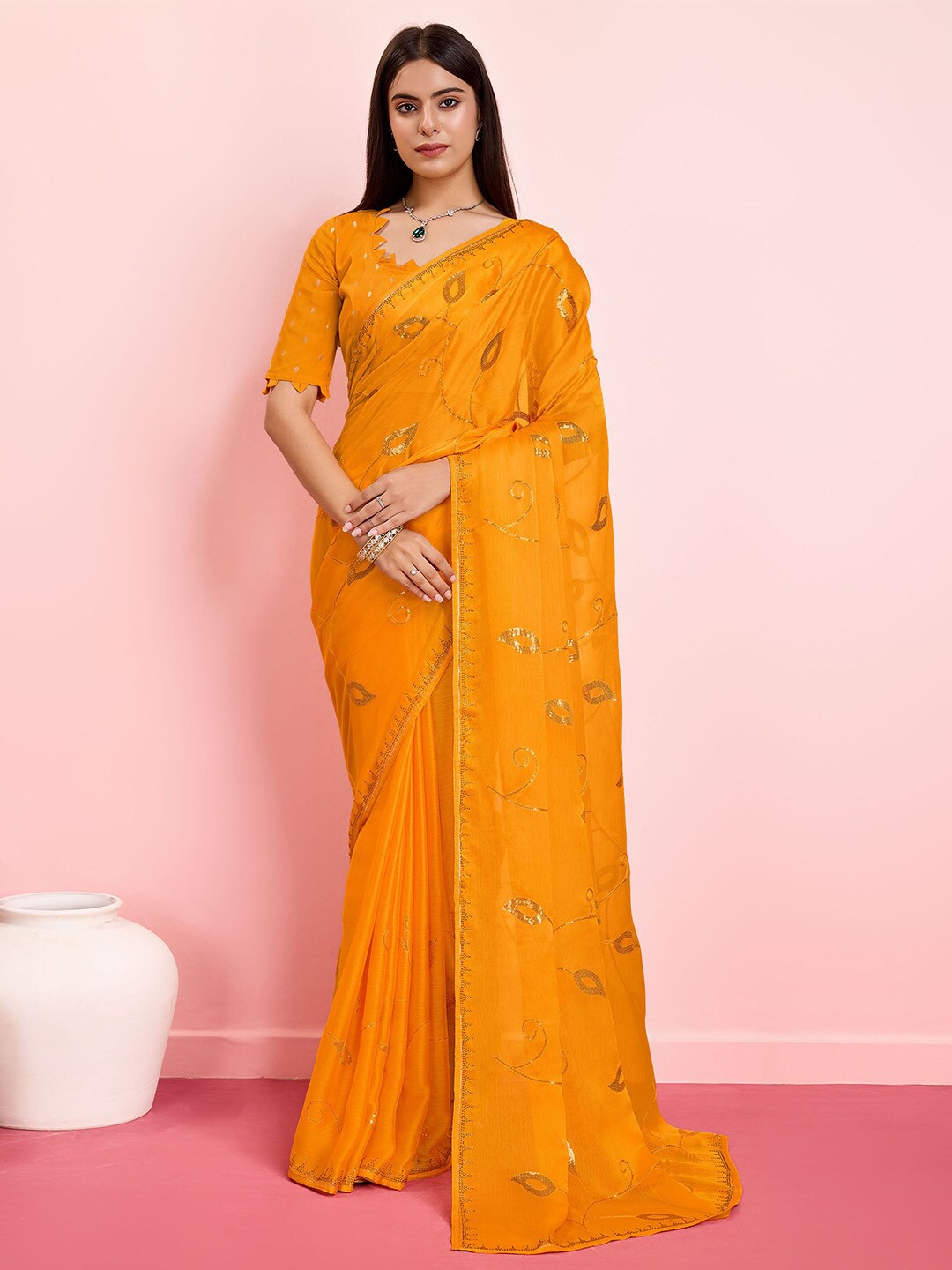 

Ishin Ethnic Motifs Sequinned Poly Chiffon Saree, Yellow