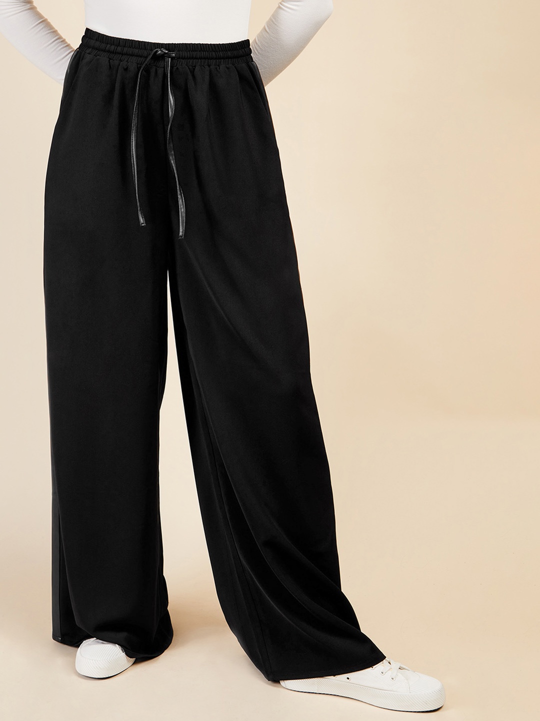 

Little Mistress Women PU Side Striped High-Rise Trousers, Black