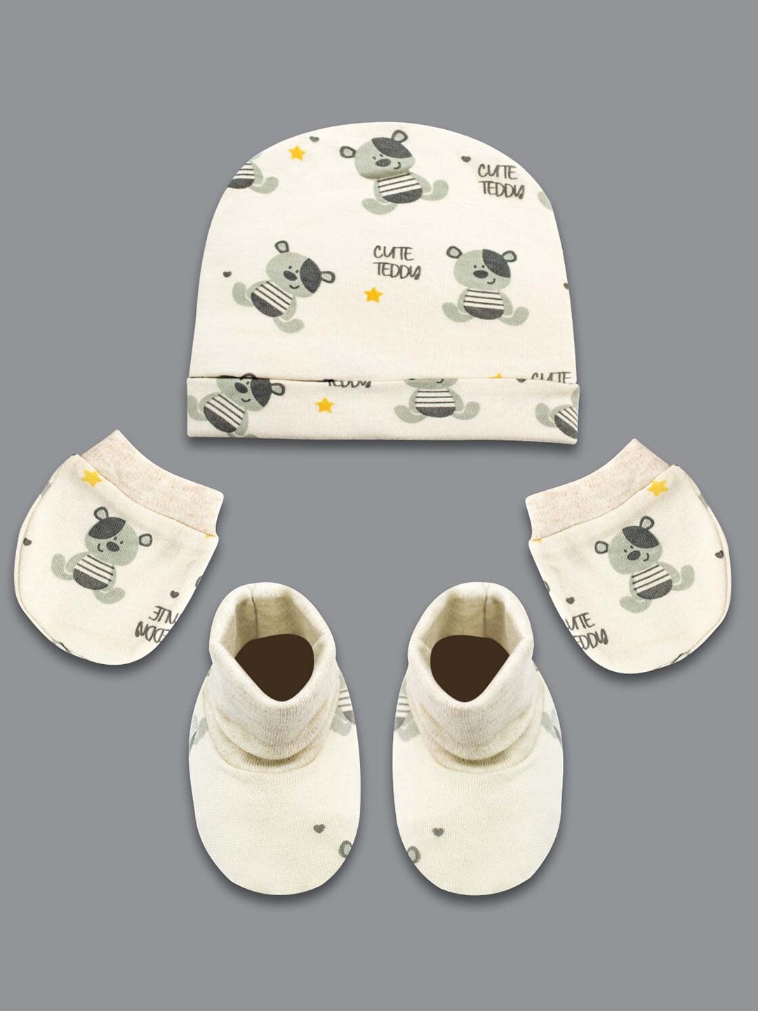 

Born Babies Infants Printed Cotton Beanie Cap With Booties & Mittens, White