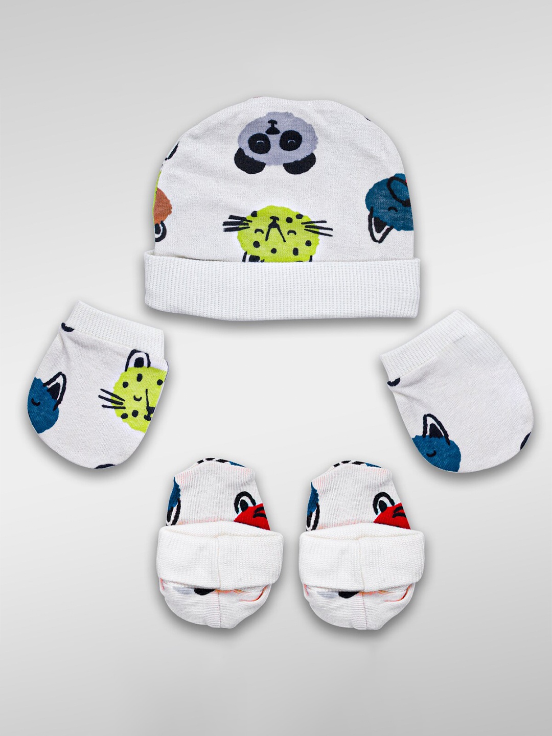 

Born Babies Infants Printed Pure Cotton Beanie Cap With Booties & Mittens, White
