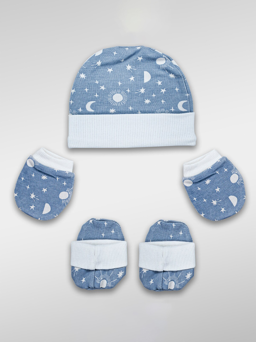 

Born Babies Infants Printed Pure Cotton Beanie Cap With Booties & Mittens, Blue