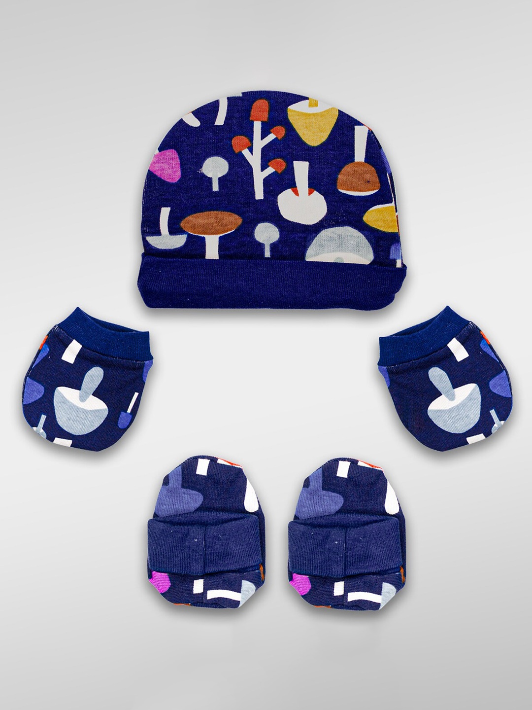 

Born Babies Printed Pure Cotton Cap Mittens & Booties Set, Navy blue