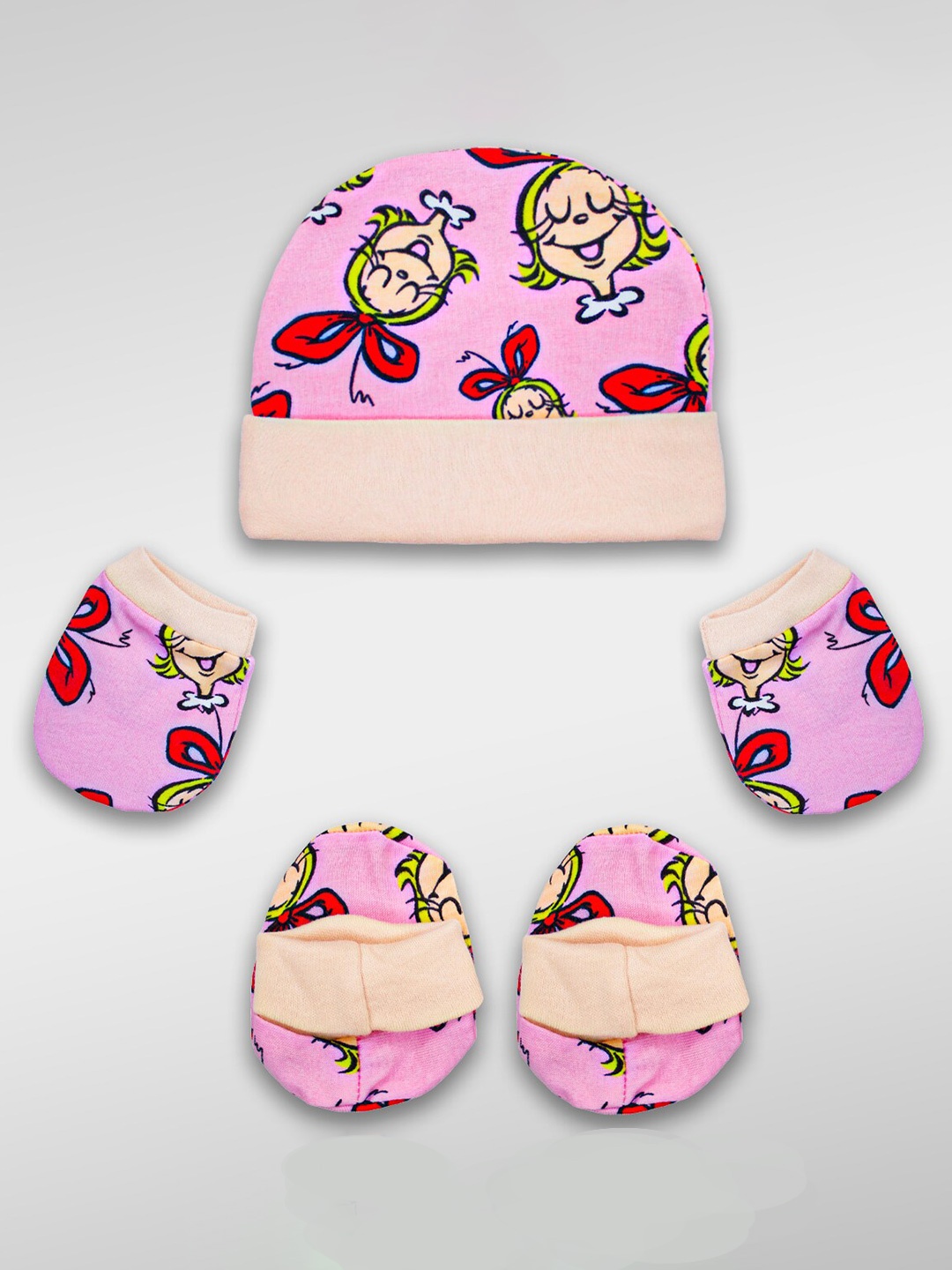 

Born Babies Printed Pure Cotton Cap Mittens & Booties Set, Pink
