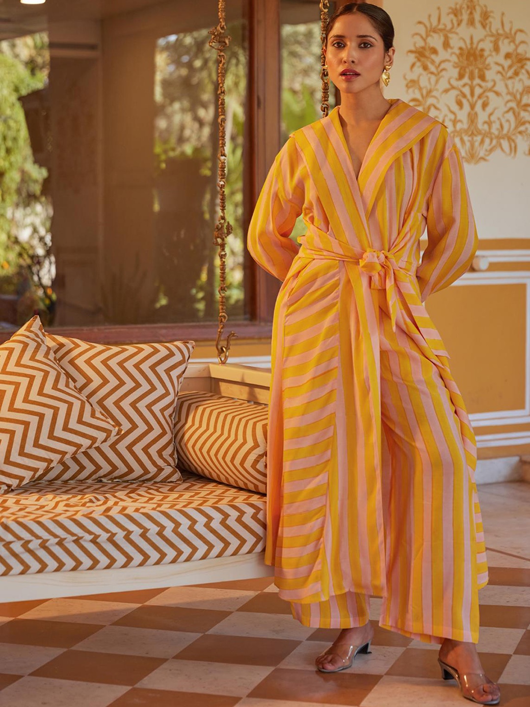 

Kapraaha Striped Pure Cotton Jacket With Trousers Co-Ords, Yellow
