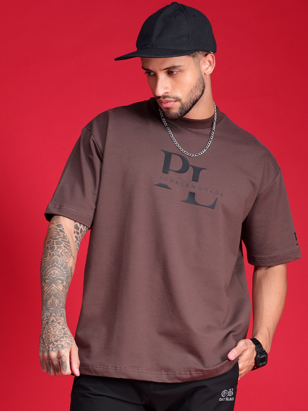 

Peach & Lemonade Typography Printed High Neck Short Sleeves Cotton Casual T-shirt, Brown