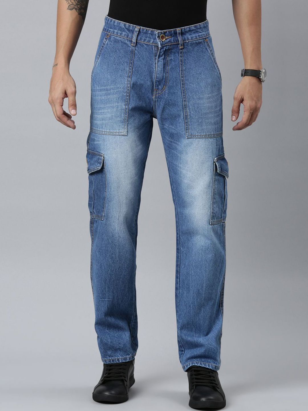 

CINOCCI Men Faded Relaxed Straight Fit Mid-Rise Regular Trousers, Blue