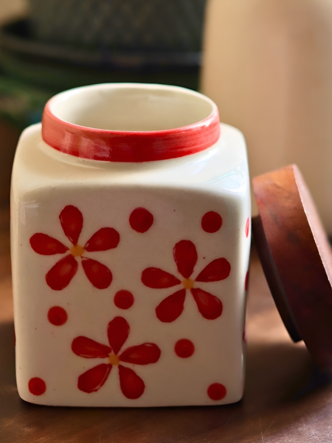 

WEAVING HOMES White Floral Printed Ceramic Glossy Jar