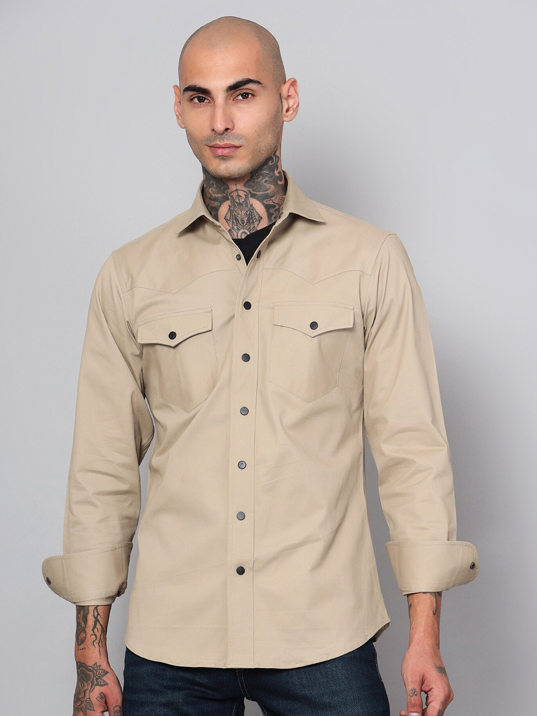 

Peach & Lemonade Spread Collar Long Sleeves Classic Regular Fit Cotton Casual Shirt, Beige