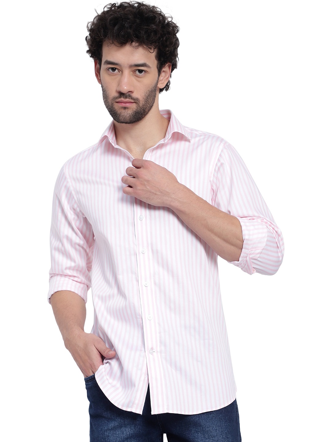 

Peach & Lemonade Spread Collar Original Regular Fit Striped Cotton Casual Shirt, Pink
