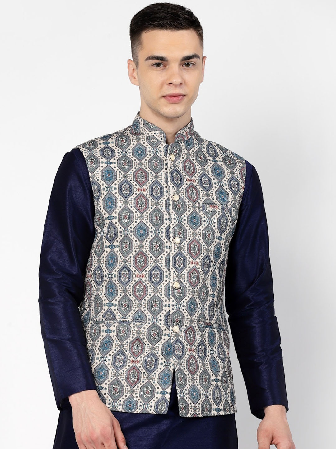 

Badoliya & Sons Printed Mandarin Collar Nehru Jackets, Beige