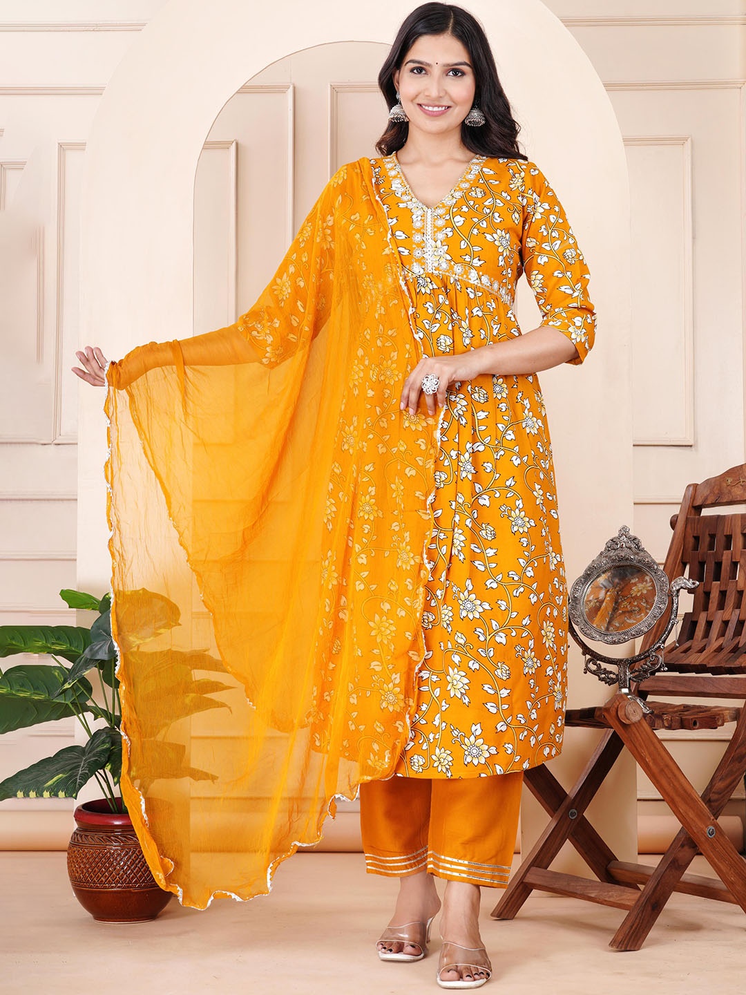 

KALINI Floral Embroidered Regular Gotta Patti Kurta with Palazzo & Dupatta, Mustard