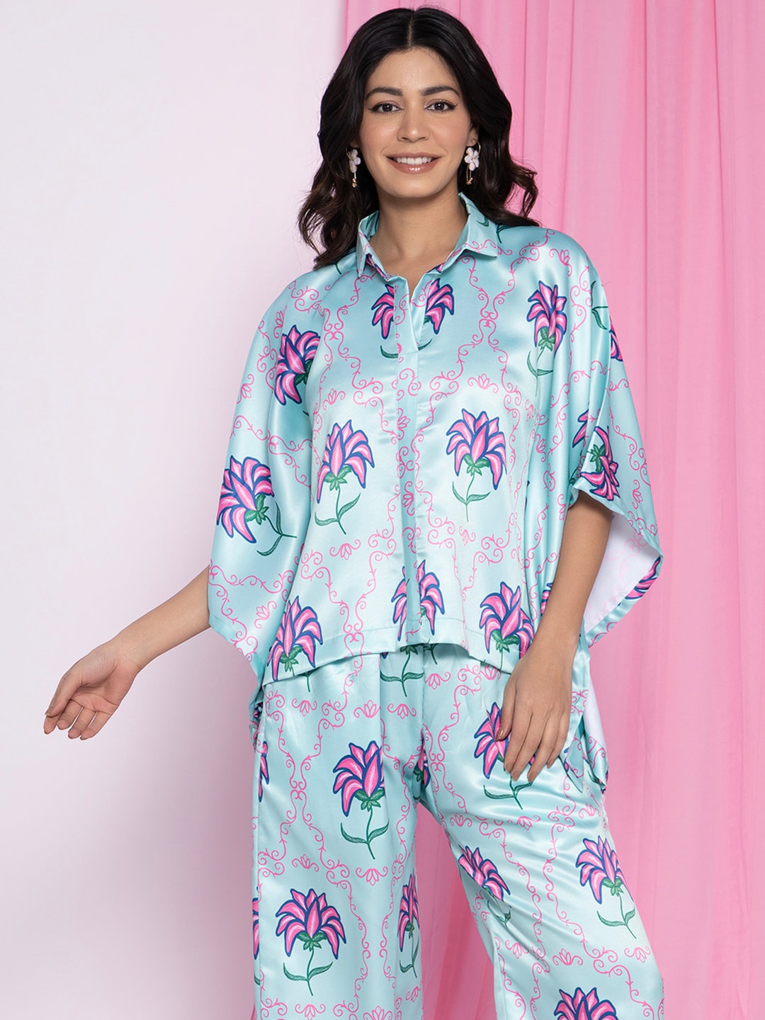 

LetsDressUp Printed Kimono Sleeve Shirt collar Kaftan Top, Blue