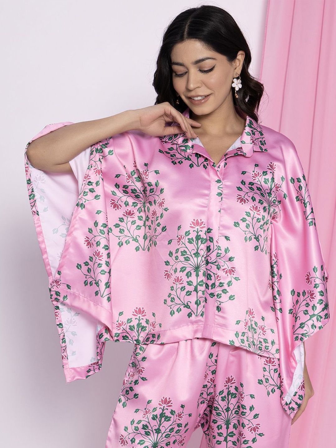

LetsDressUp Floral Print Flared Sleeve Satin Kaftan Style Top, Pink