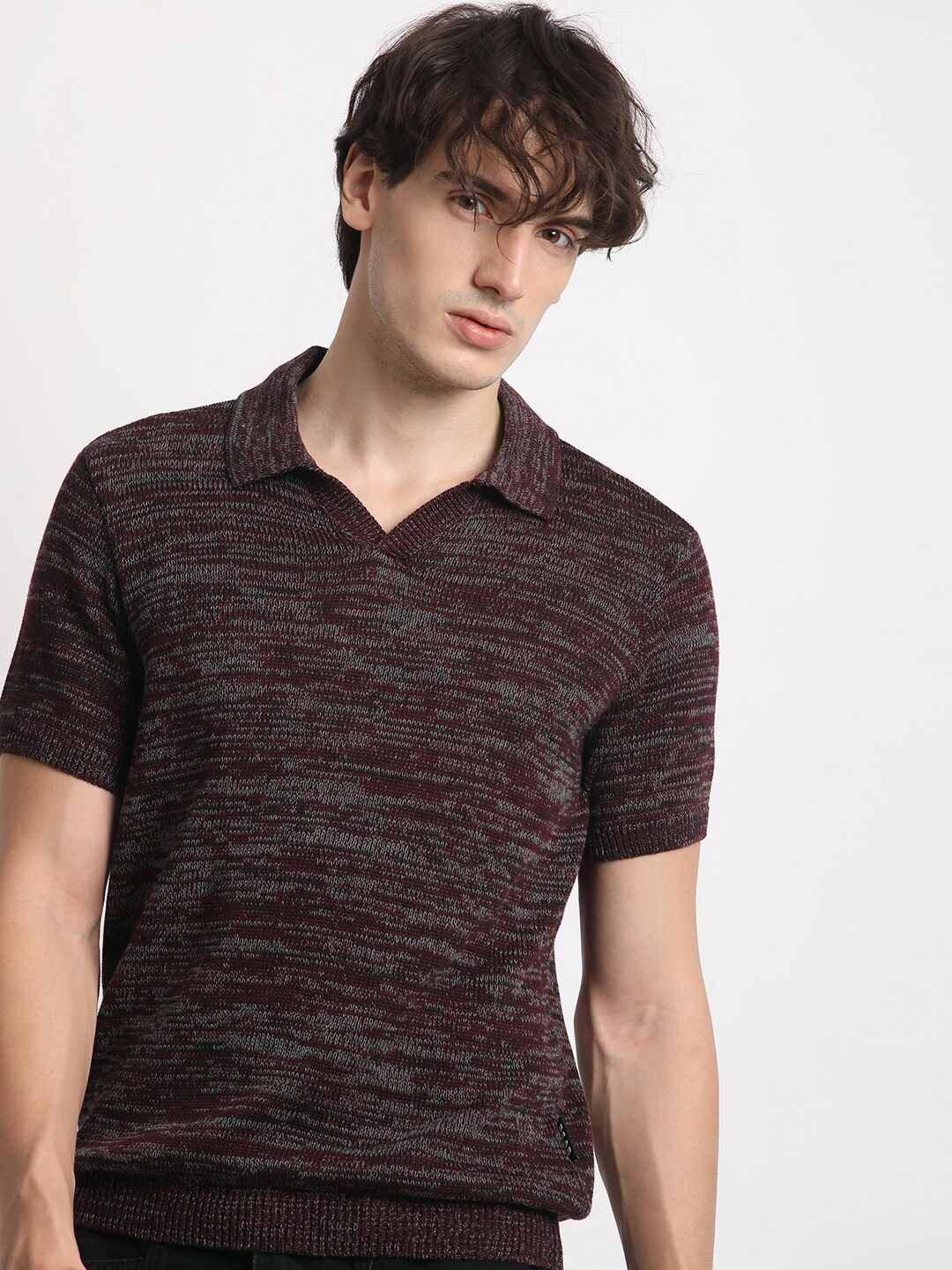 

THE BEAR HOUSE Abstrcat Printed Polo Collar Cotton T-shirt, Maroon