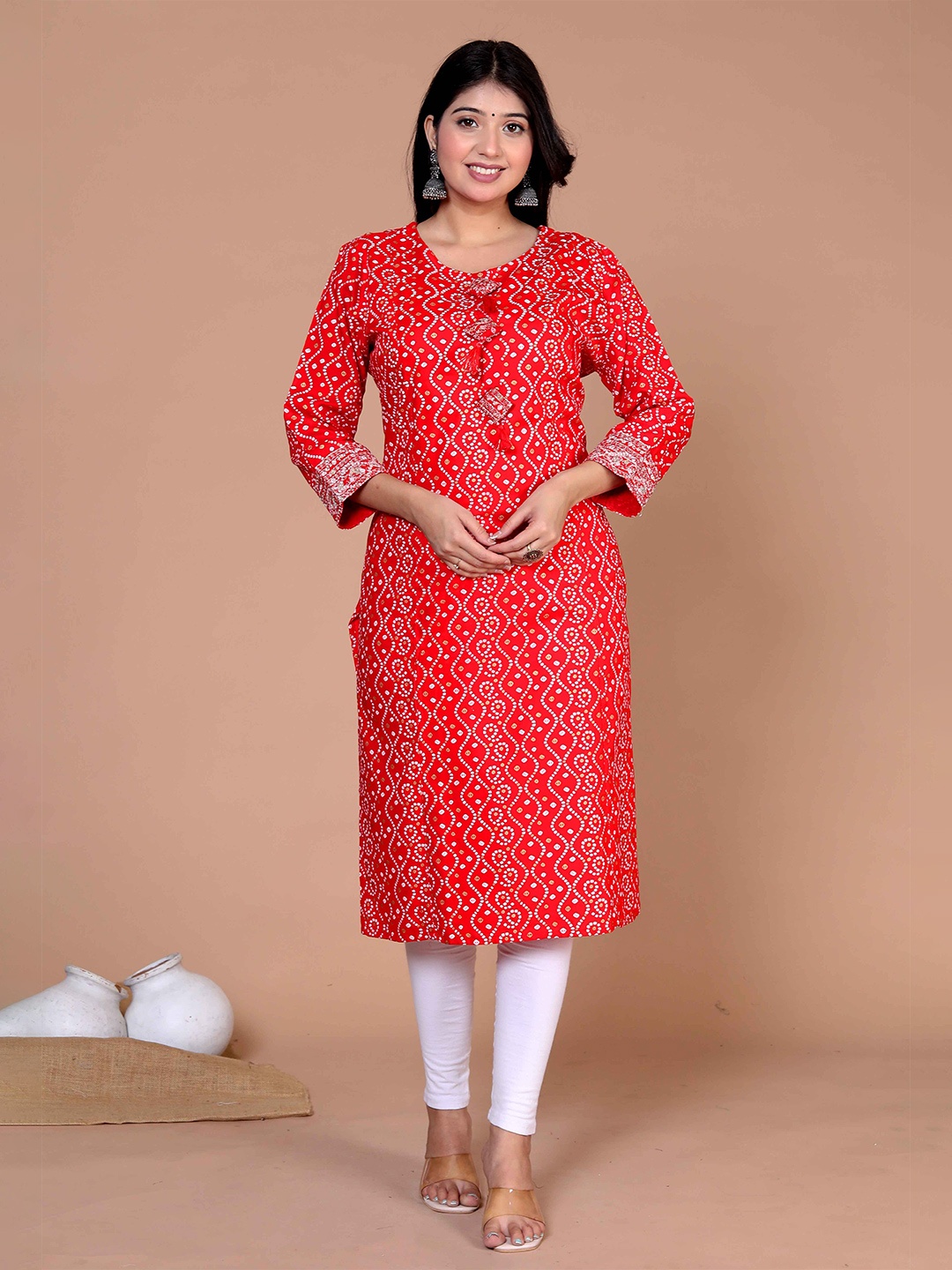 

MIRAVAN Bandhani Printed Straight Kurta, Red
