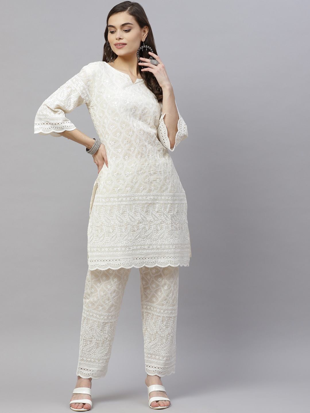 

MIRAVAN Floral Embroidered Thread Work Pure Cotton Kurta with Palazzos, Beige