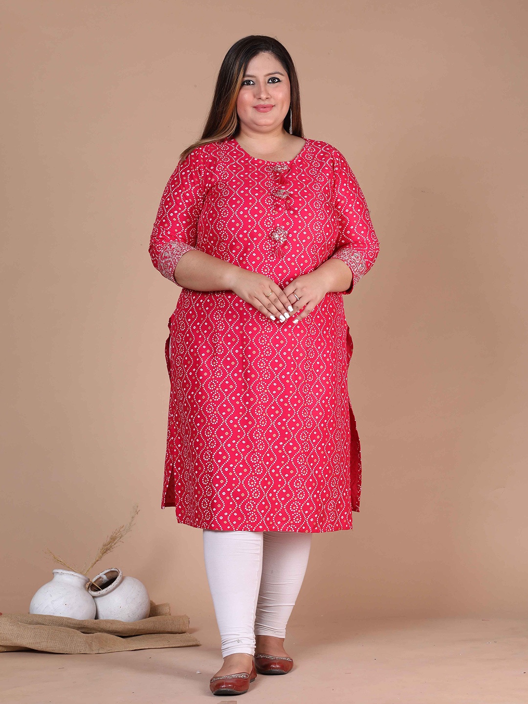 

MIRAVAN Plus Size Bandhani Printed Straight Kurta, Pink