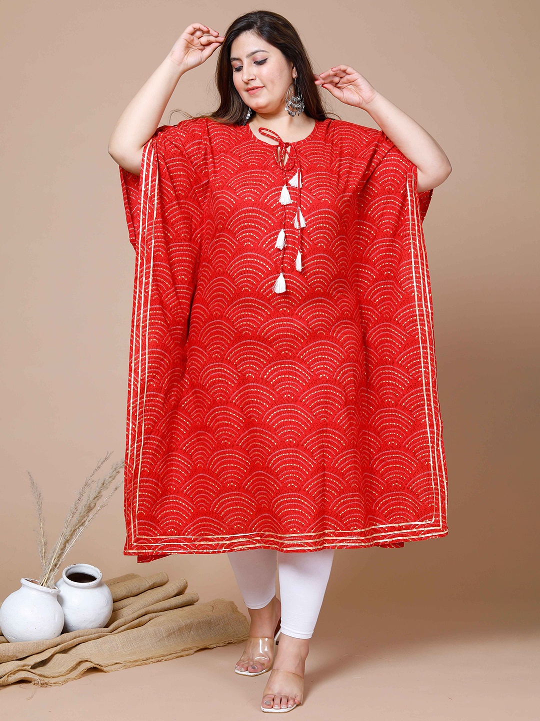 

MIRAVAN Bandhani Printed Extended Sleeves Tie-Up Neck Cotton Kaftan Kurta, Red
