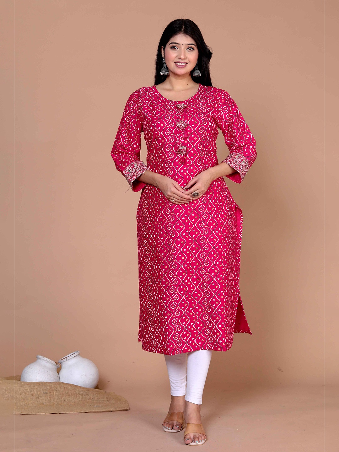 

MIRAVAN Bandhani Printed Embroidered Straight Kurta, Pink