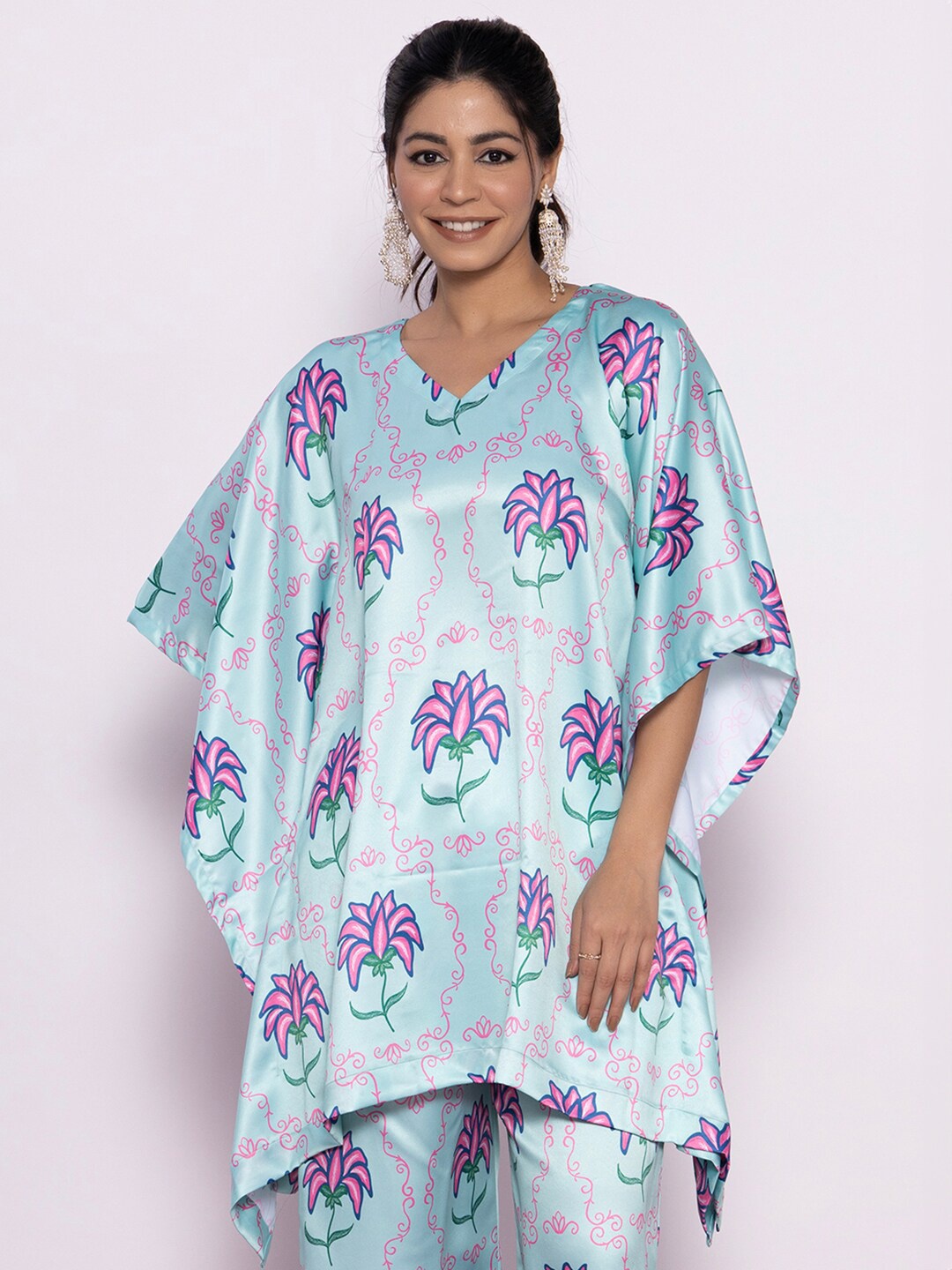 

LetsDressUp Floral Printed V-Neck Kaftan Kurti, Blue