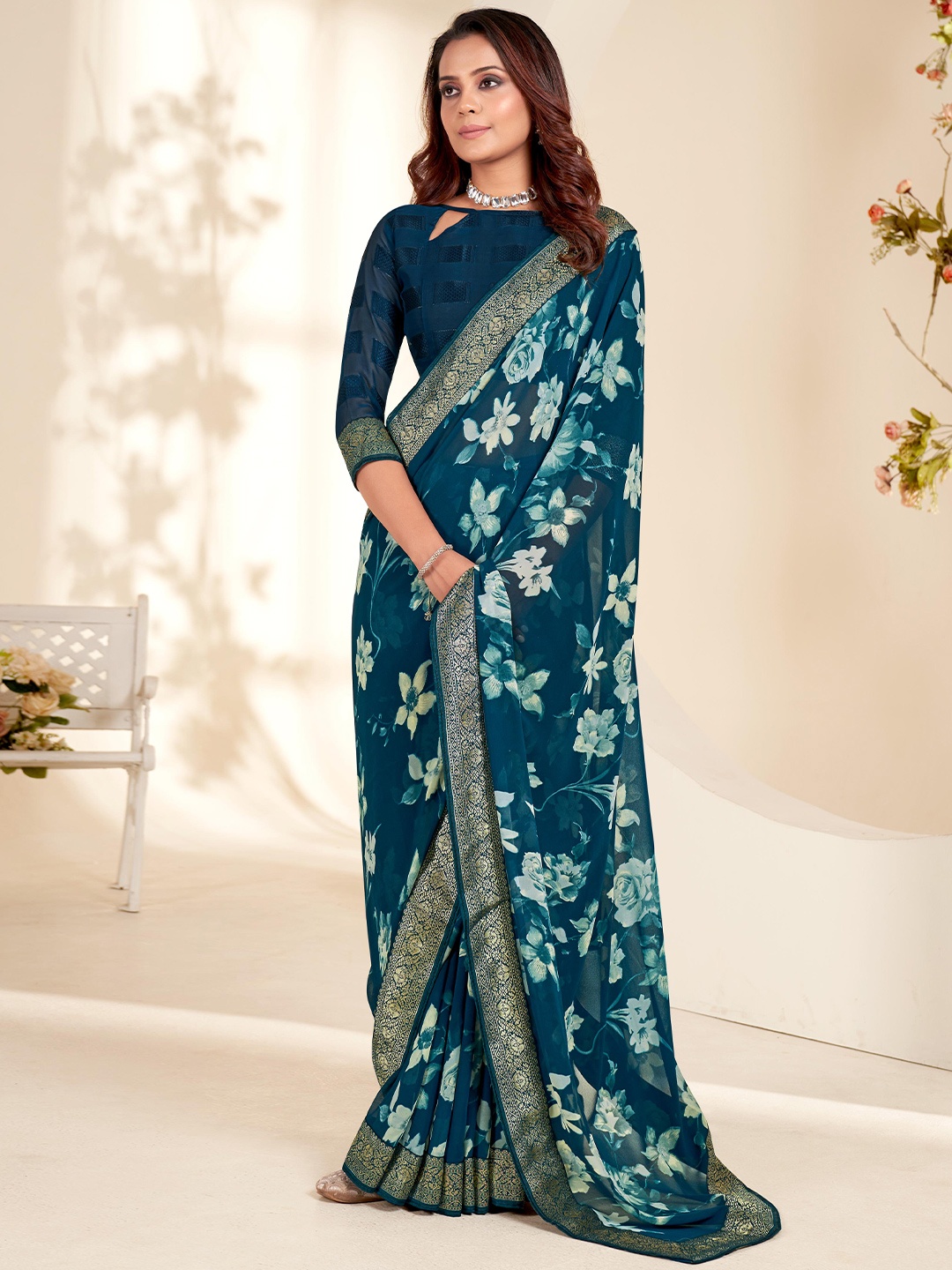 Mitera Floral Zari Pure Georgette Saree, Teal