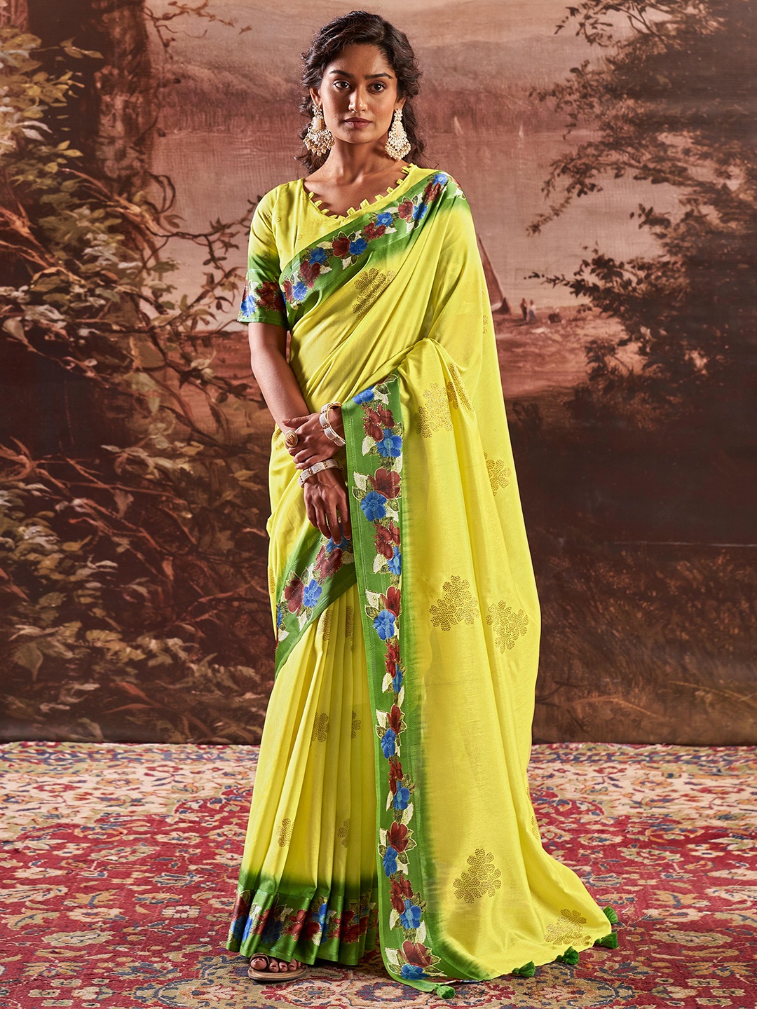 

Mitera Embellished Beads and Stones Silk Blend Saree, Lime green