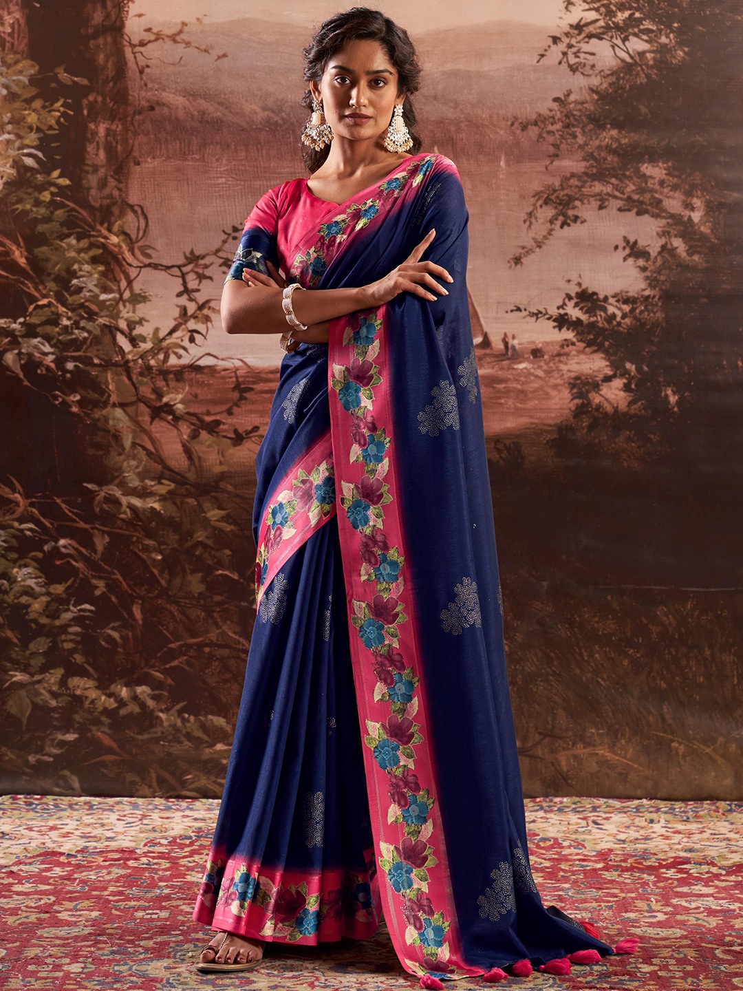 

Mitera Embellished Beads and Stones Silk Blend Saree, Navy blue