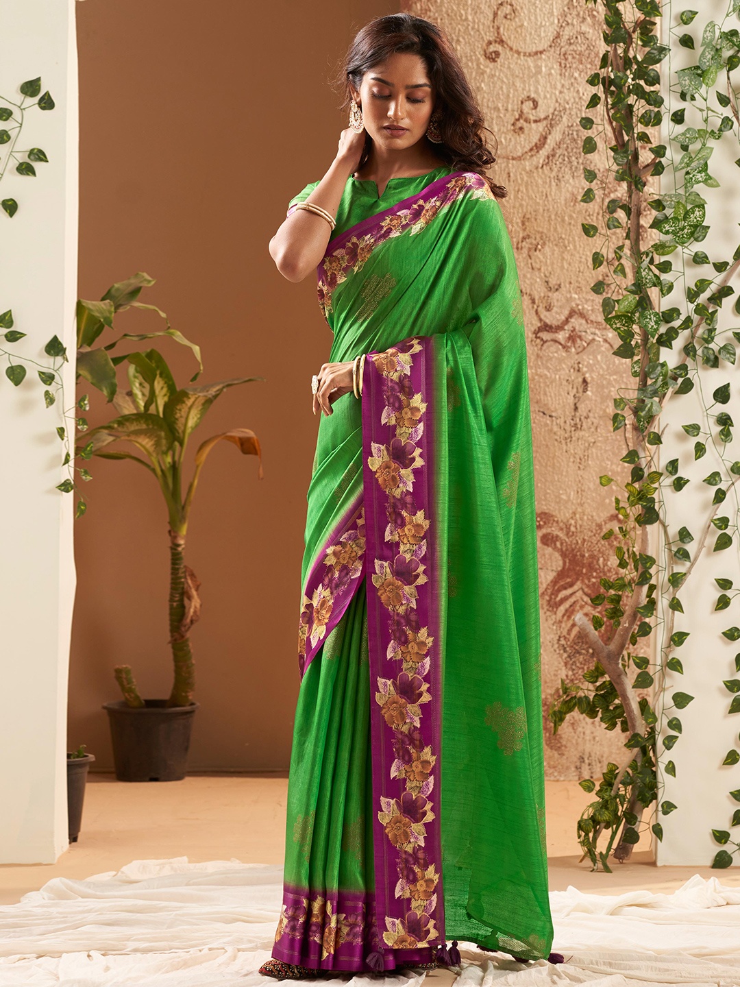 

Mitera Embellished Beads and Stones Floral Silk Blend Saree, Green