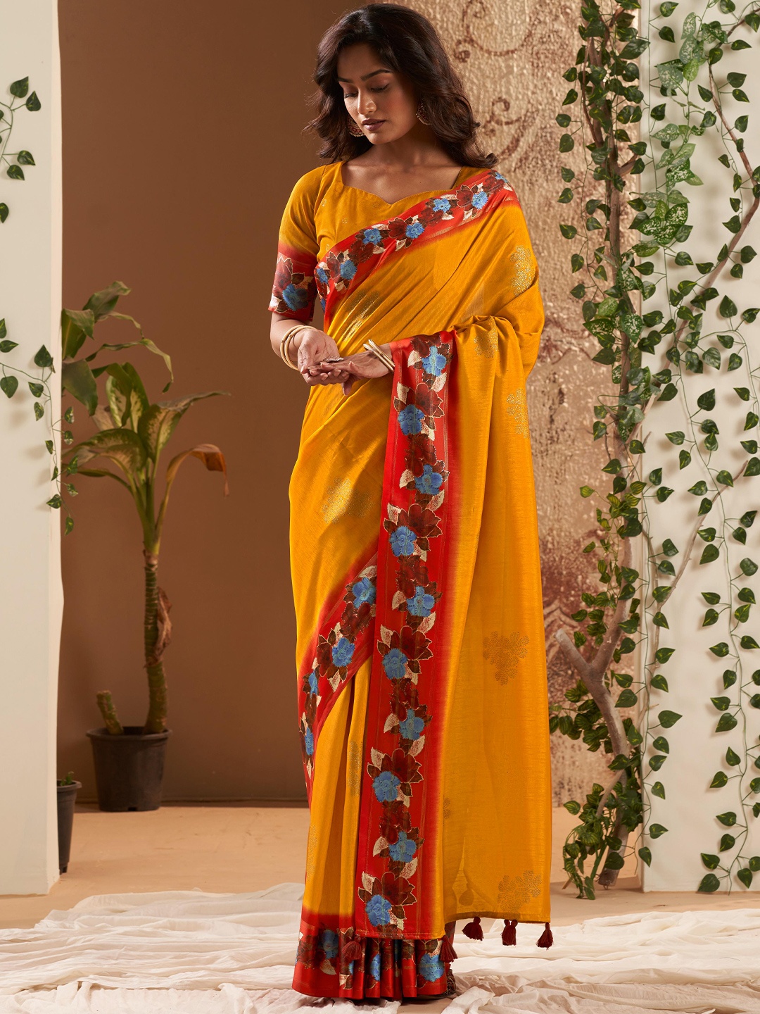 

Mitera Floral Beads and Stones Saree, Mustard