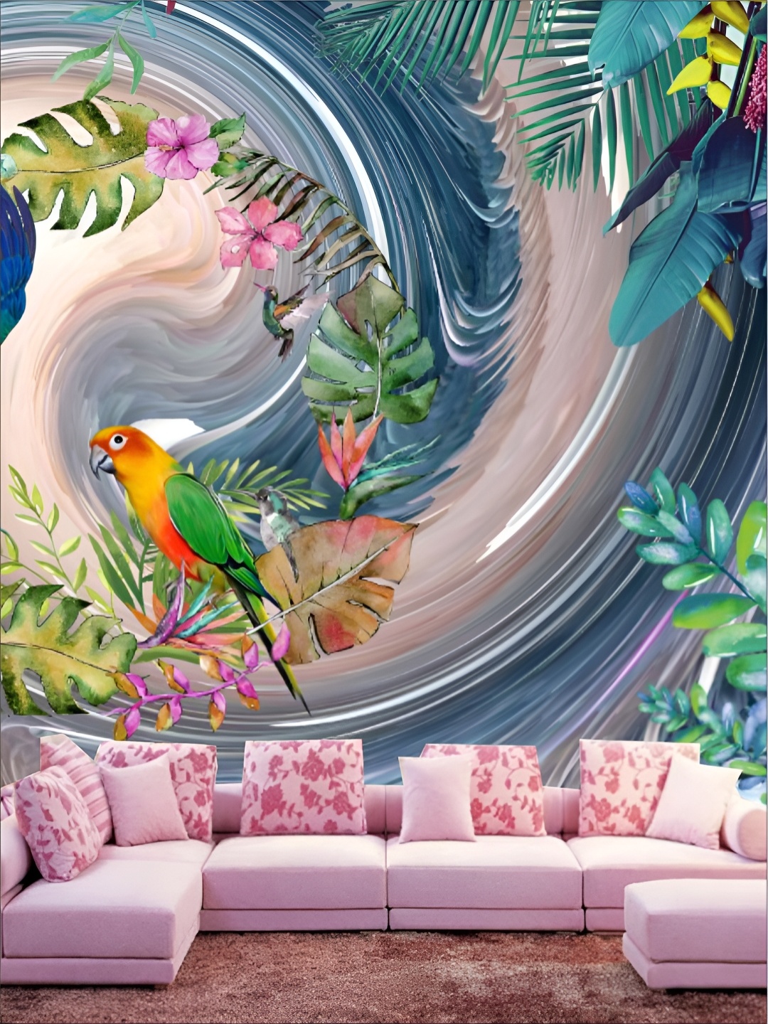 

KSHIRSA Green & Pink 3D Printed Self-Adhesive Wallpaper