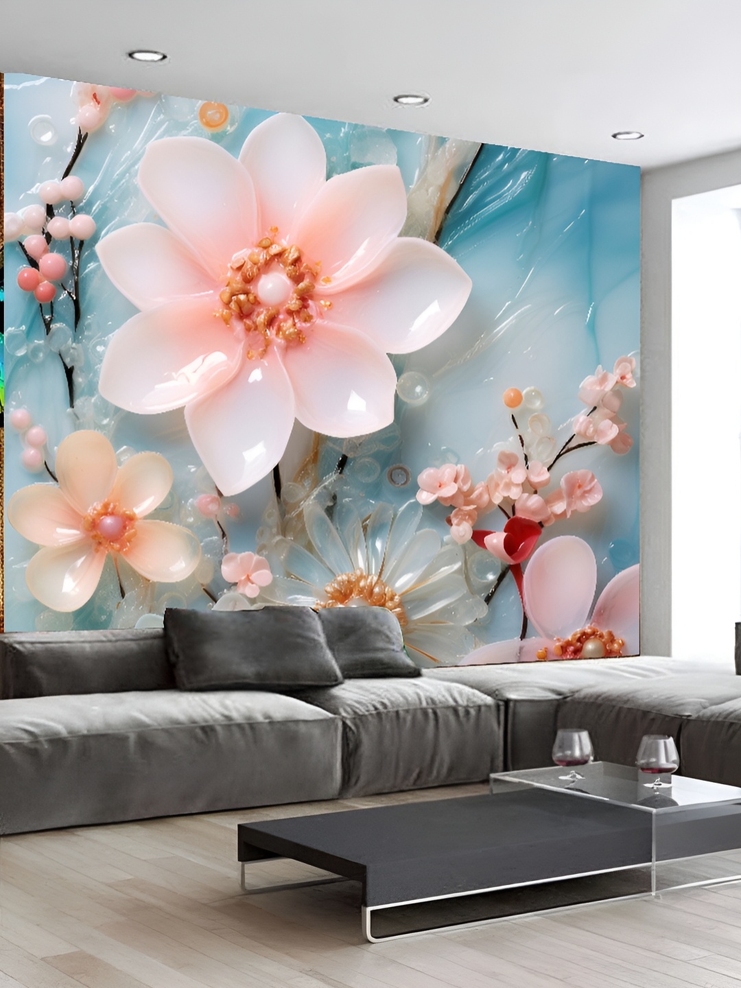 

KSHIRSA Blue & Pink 3D Floral and Botanical Printed Self-Adhesive Wallpaper