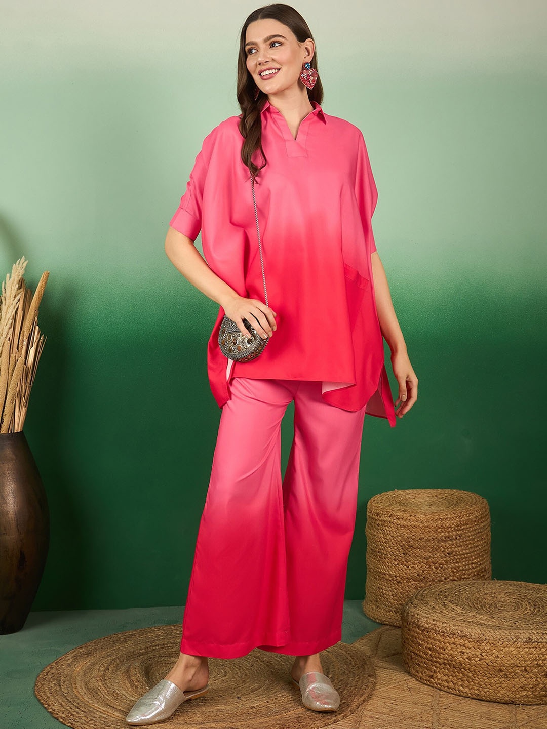 

Sangria Ombre Printed Shirt Collar Tunic With Trousers, Pink