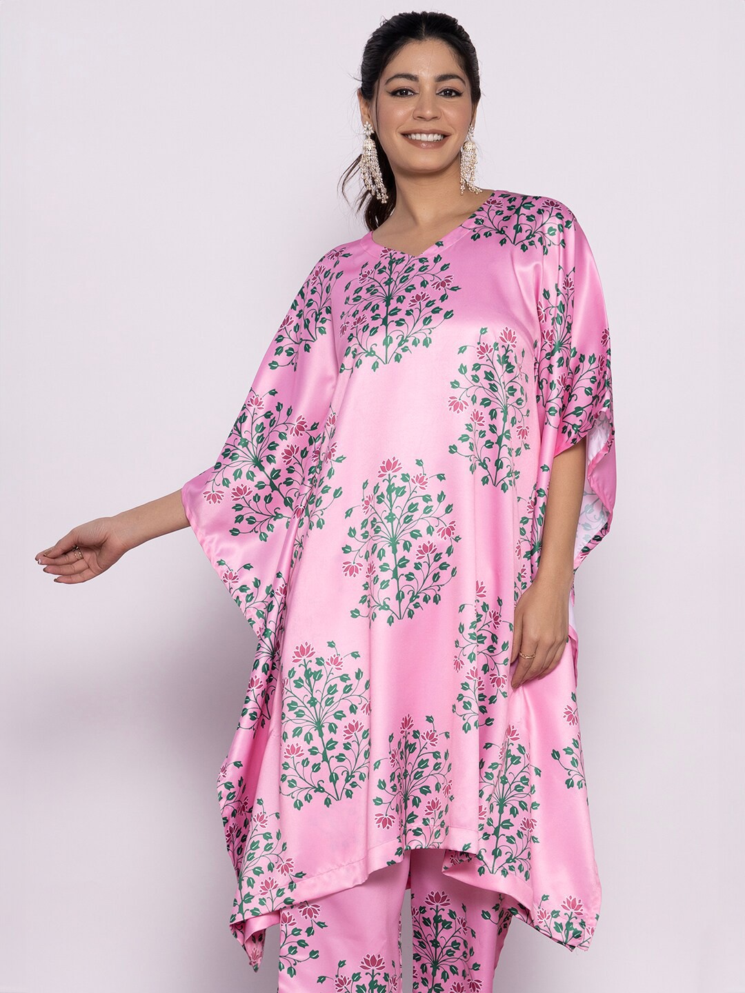 

LetsDressUp Floral Printed Kimono Sleeve Satin Kaftan Dress, Pink