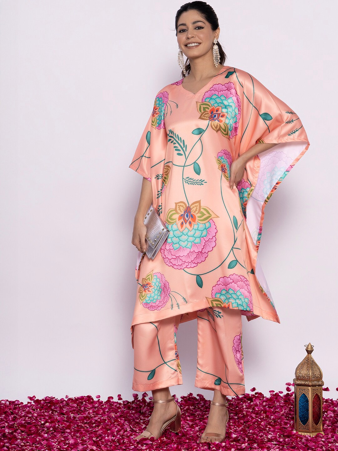 

LetsDressUp Floral Printed Kimono Sleeves Kaftan Kurta, Peach