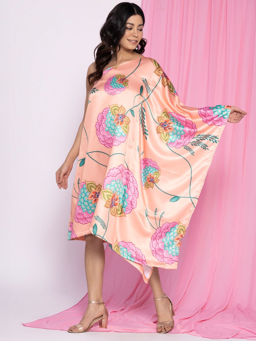 

LetsDressUp Floral Printed One Shoulder Kimono Sleeve Satin Kaftan Dress, Peach