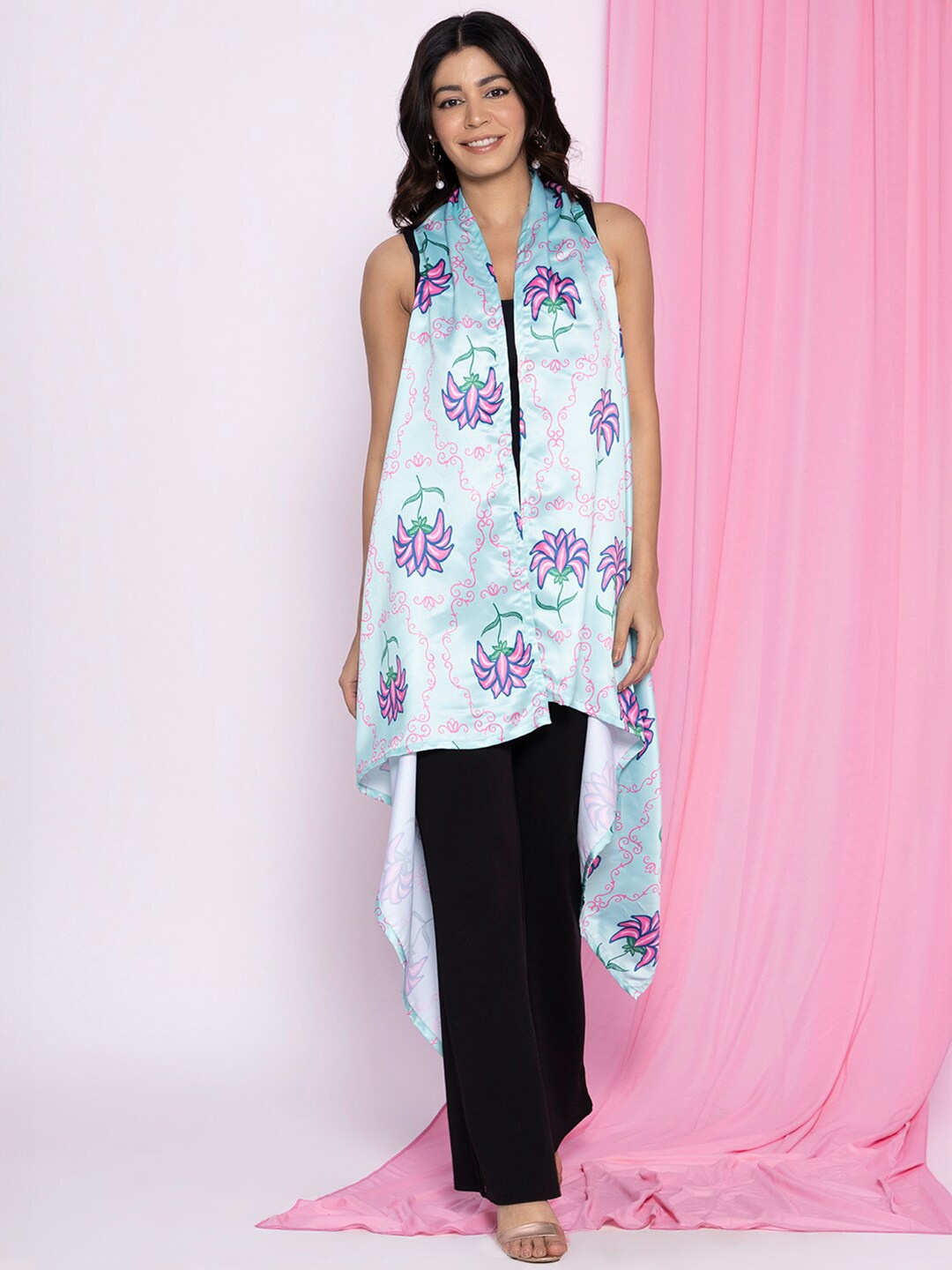 

LetsDressUp Floral Printed Sleeveless Longline Shrug, Blue