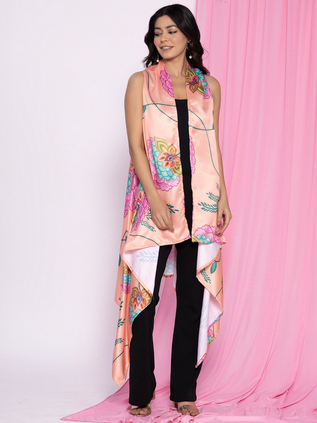 

LetsDressUp Women Floral Printed Sleeveless Longline Shrug, Peach