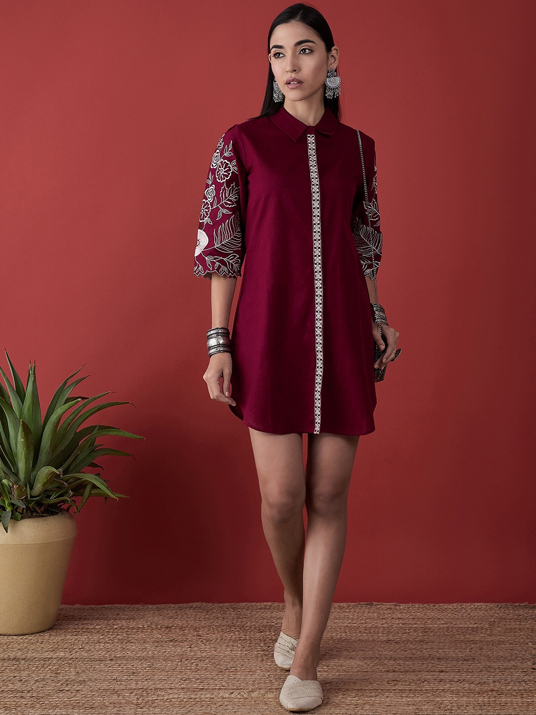 

Anouk Maroon Floral Embroidered Shirt Mini Dress