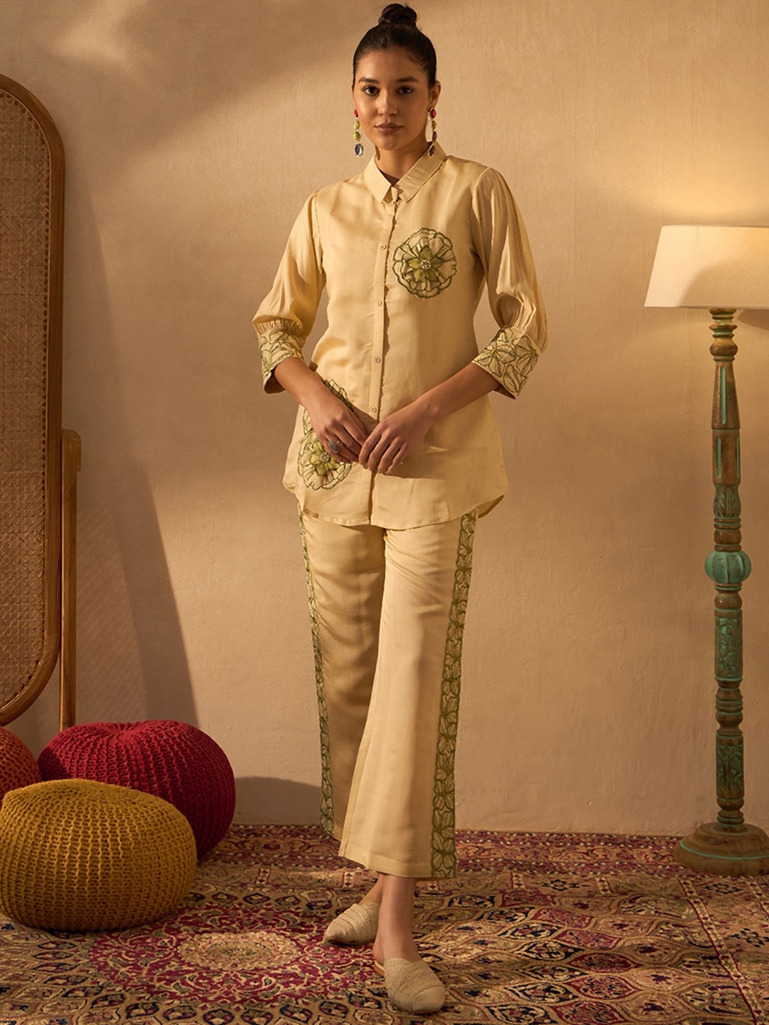 

Anouk Yellow Floral Embroidered Thread Work Embellished Puff Sleeves Shirt With Trousers