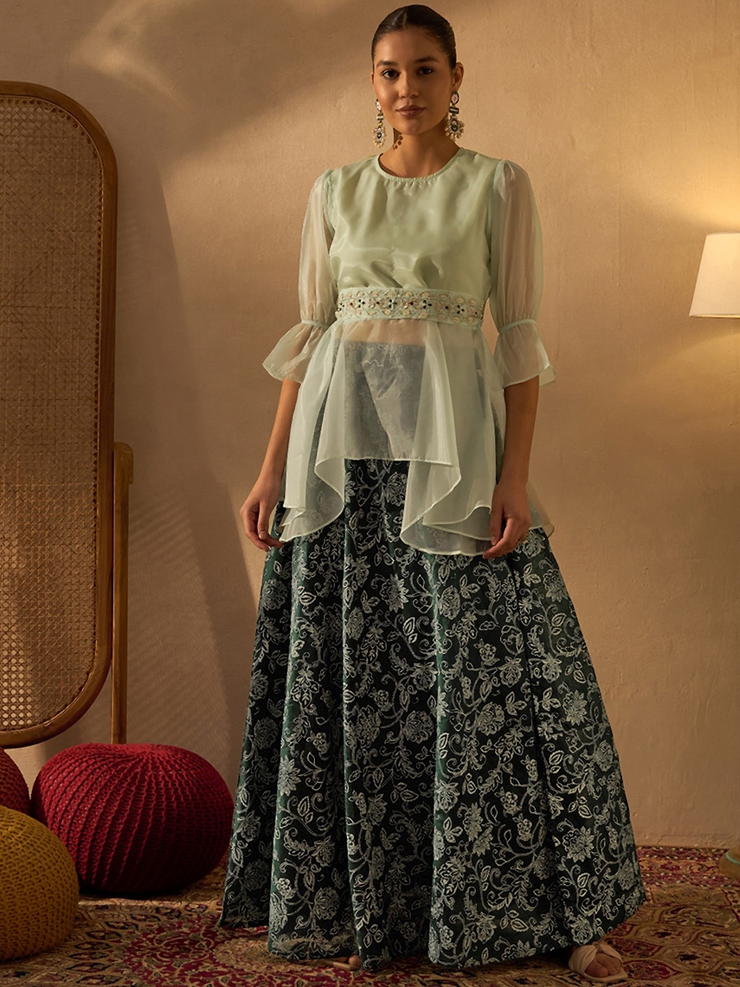 

Anouk Green & White Round Neck Top & Printed Skirt with Belt Party Co-Ords