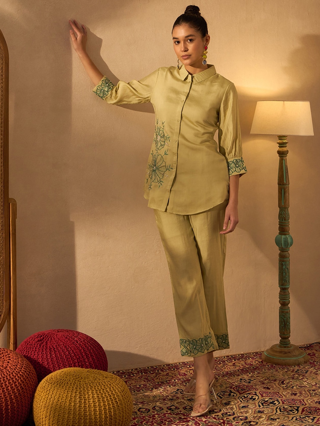 

Anouk Lime Green Floral Embroidered Shirt Collar Top With Trousers