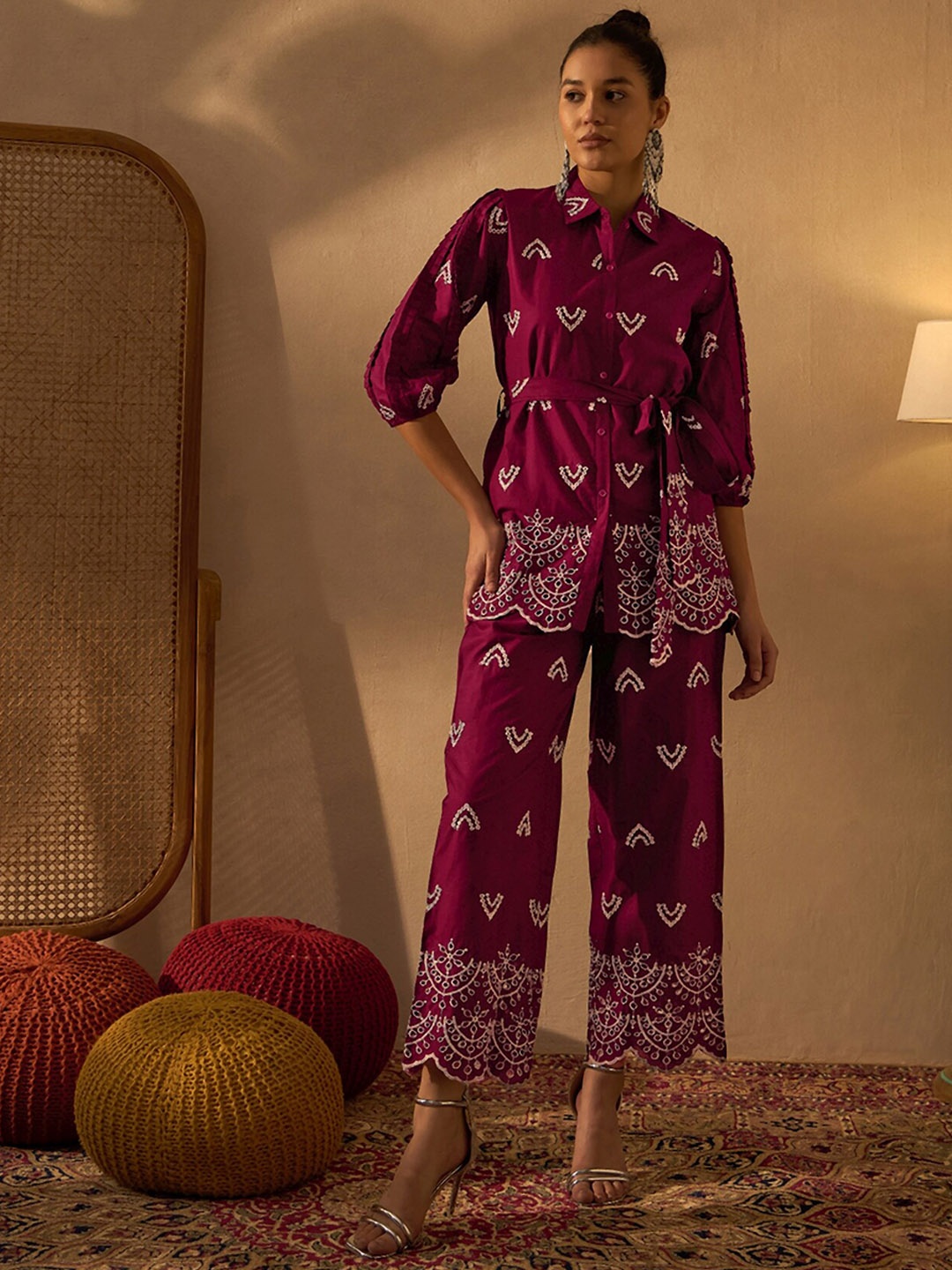 

Anouk Embroidered Pure Cotton Tunic With Trousers & Belt, Maroon