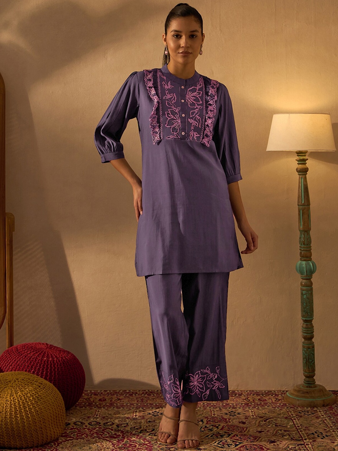 

Anouk Women Floral Embroidered Tunic with Trousers, Lavender