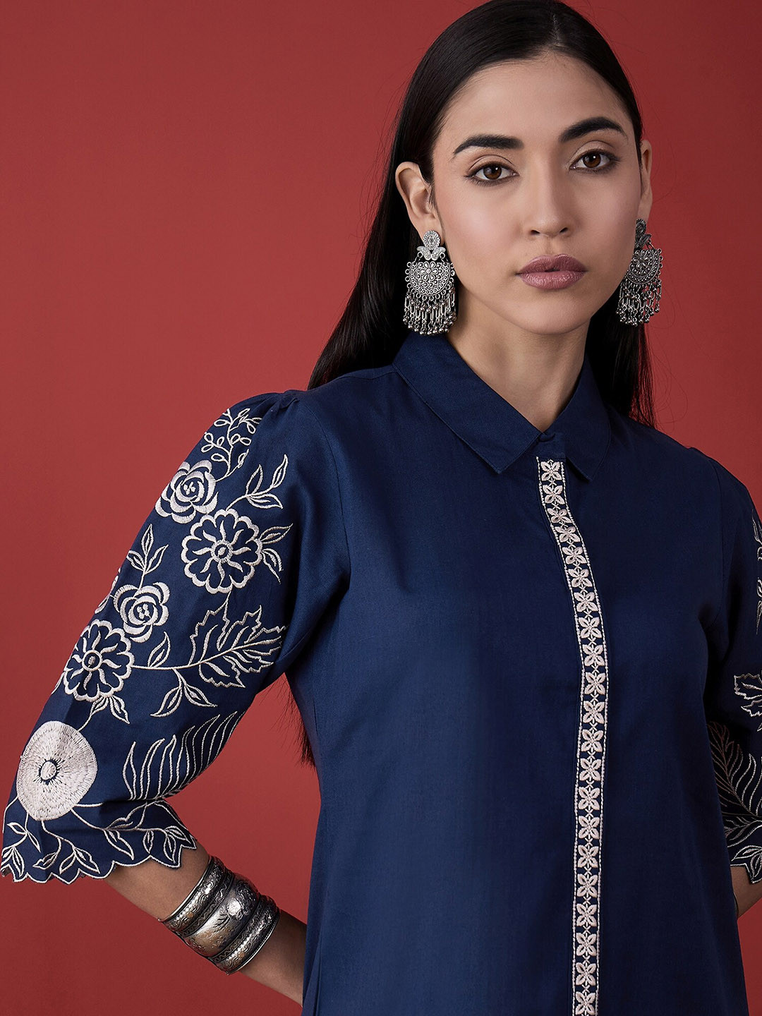 

Anouk Blue Floral Embroidered Shirt Mini Dress