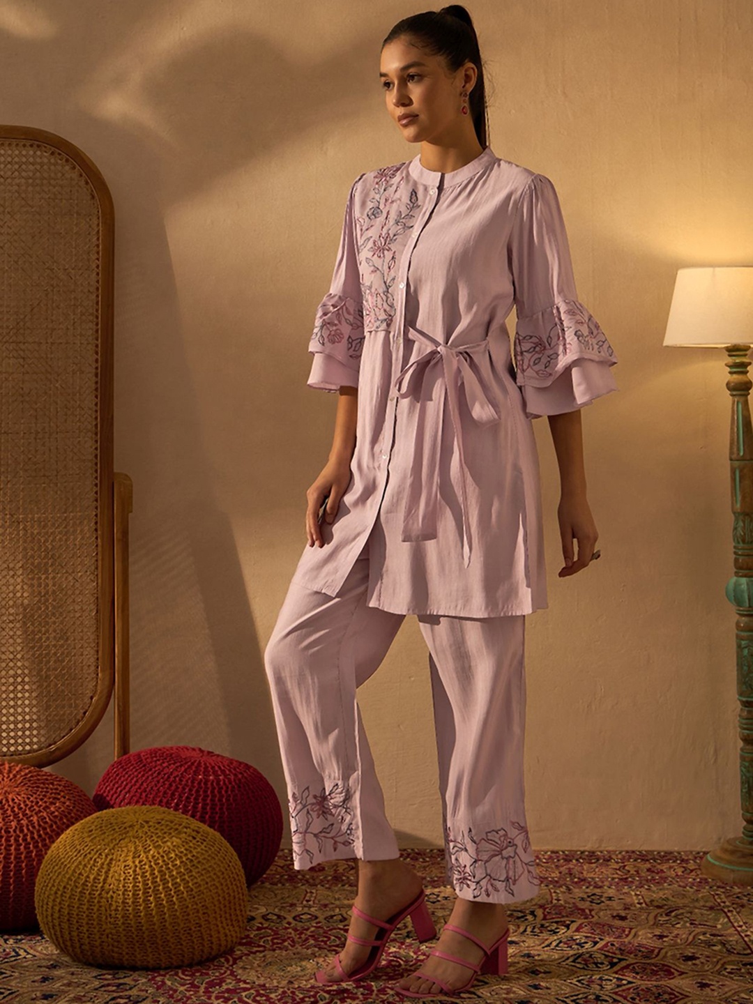 

Anouk Pink and Grey Embroidered Mandarin Collar Tunic With Trousers Co-Ords
